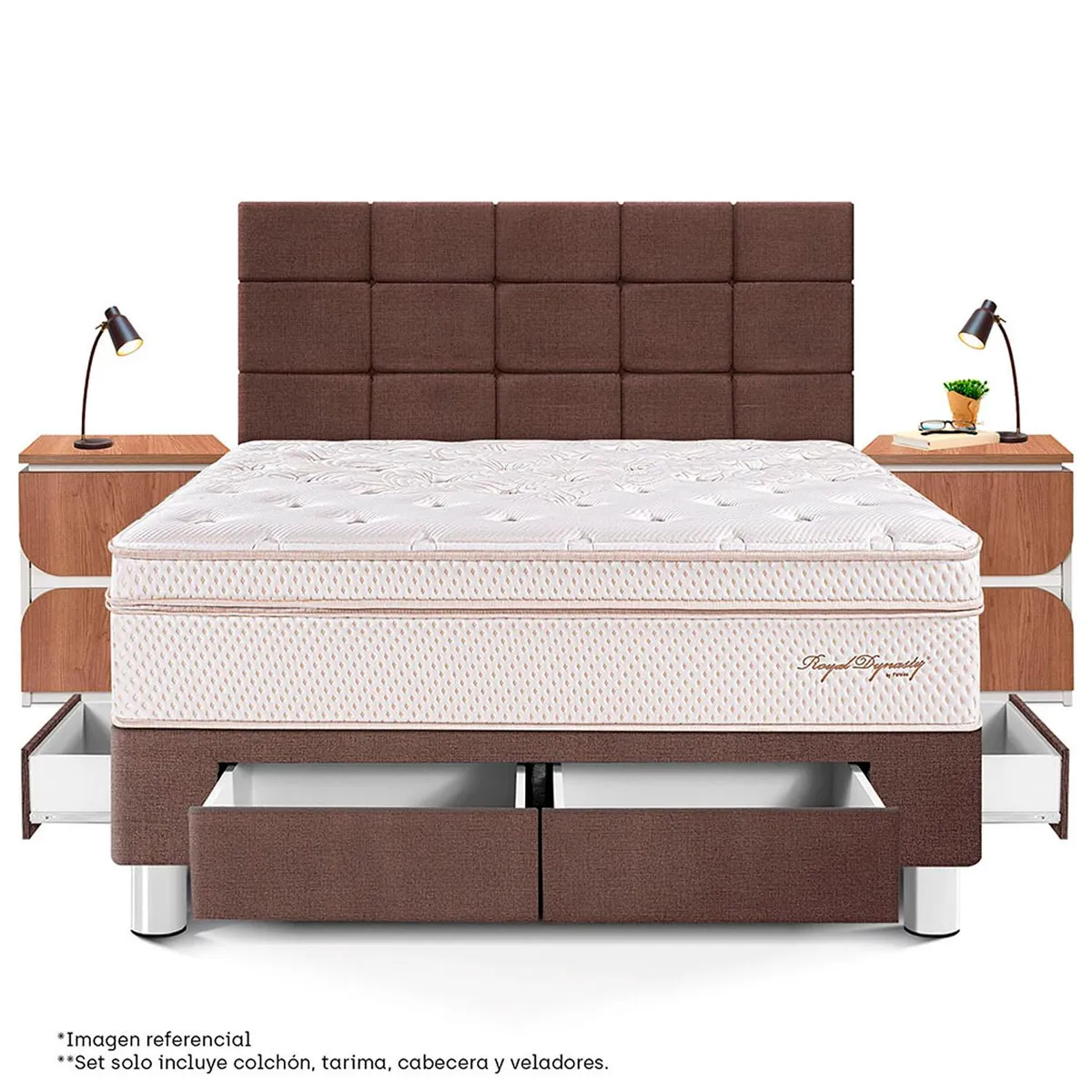 PARAISO - Dormitorio Con Cajones Royal Dynasty Blocks Queen + 2 Veladores Moon + 2 Almohadas Viscoelásticas + Protector