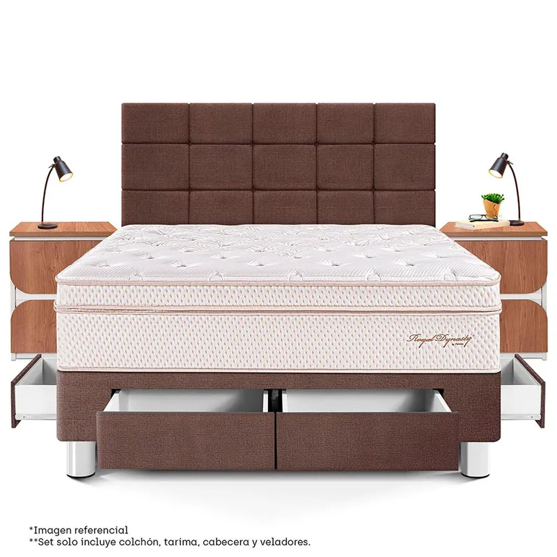 PARAISO - Dormitorio Con Cajones Royal Dynasty Blocks Queen + 2 Veladores Moon + 2 Almohadas Viscoelásticas + Protector