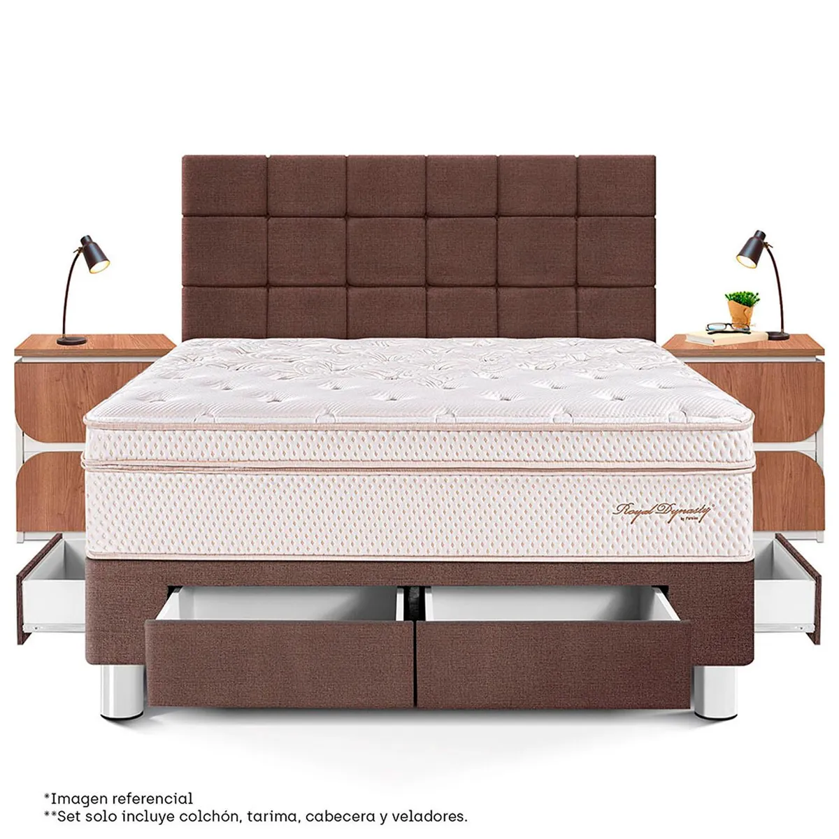 PARAISO - Dormitorio Con Cajones Royal Dynasty Blocks King + 2 Veladores Moon + 2 Almohadas Viscoelásticas + Protector