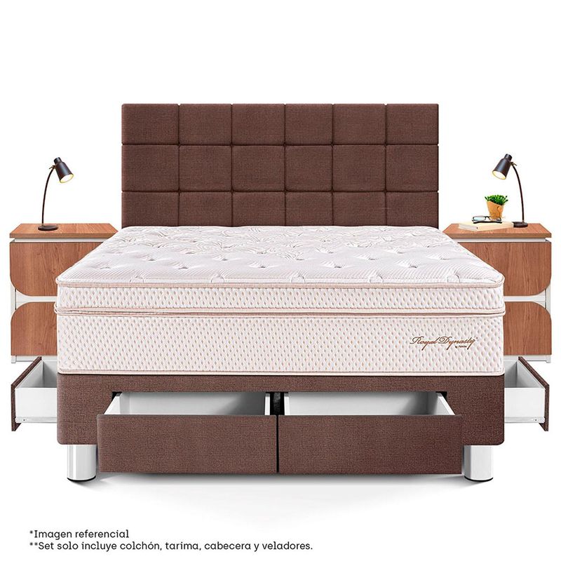 PARAISO - Dormitorio Con Cajones Royal Dynasty Blocks King + 2 Veladores Moon + 2 Almohadas Viscoelásticas + Protector