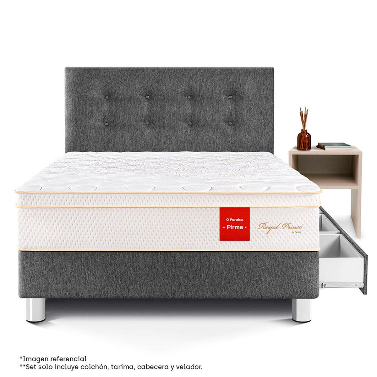 PARAISO - Dormitorio Royal Prince Firme Con Cajones 1.5 Plz Gris + 1 Velador Repisa + 1 Almohada Viscoelástica