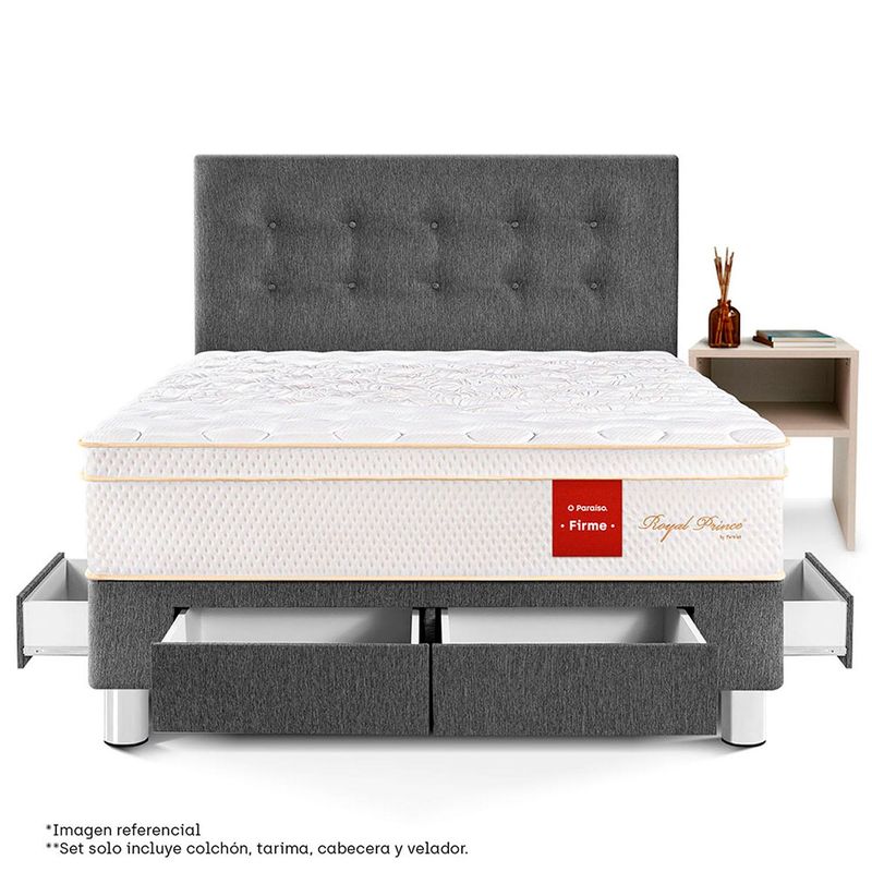 PARAISO - Dormitorio Con Cajones Royal Prince Firme 2 Plz + 1 Velador Repisa + 2 Almohadas Viscoelásticas + Protector