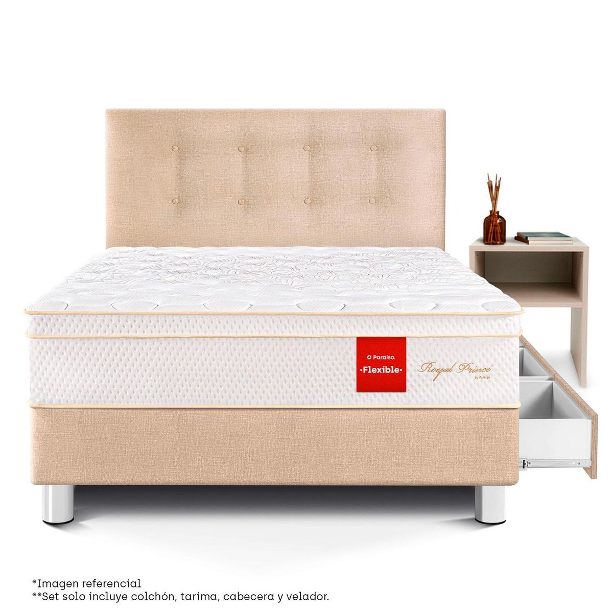 PARAISO - Dormitorio Royal Prince Flexible Con Cajones 1.5 Plz Champagne + 1 Velador Repisa + 1 Almohada Viscoelástica