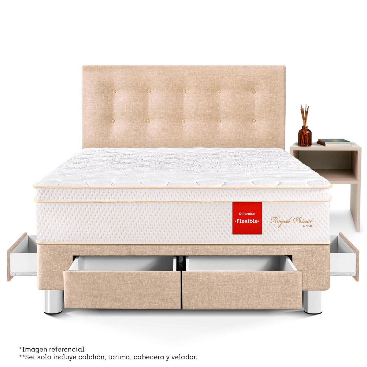 PARAISO - Dormitorio Con Cajones Royal Prince Flex 2 Plz + 1 Velador Repisa + 2 Almohadas Viscoelásticas