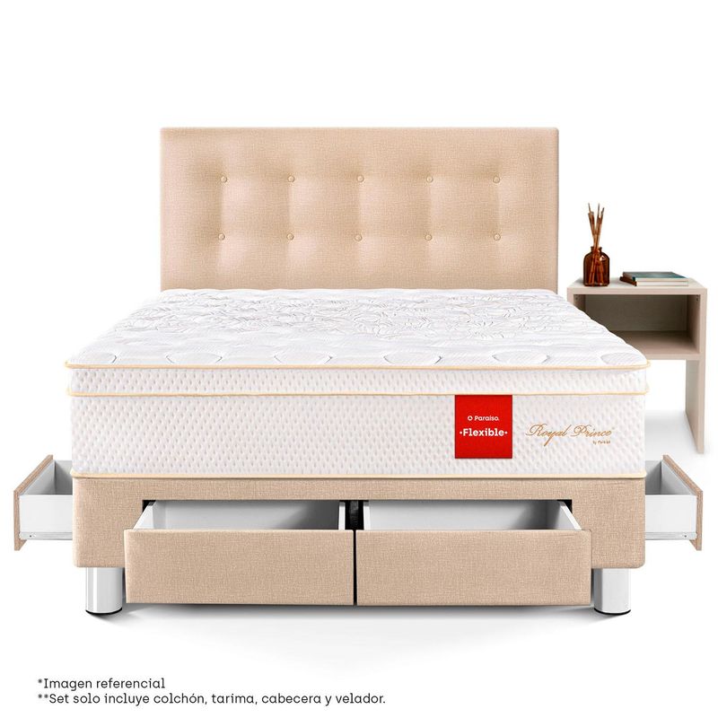 PARAISO - Dormitorio Con Cajones Royal Prince Flex 2 Plz + 1 Velador Repisa + 2 Almohadas Viscoelásticas + Protector