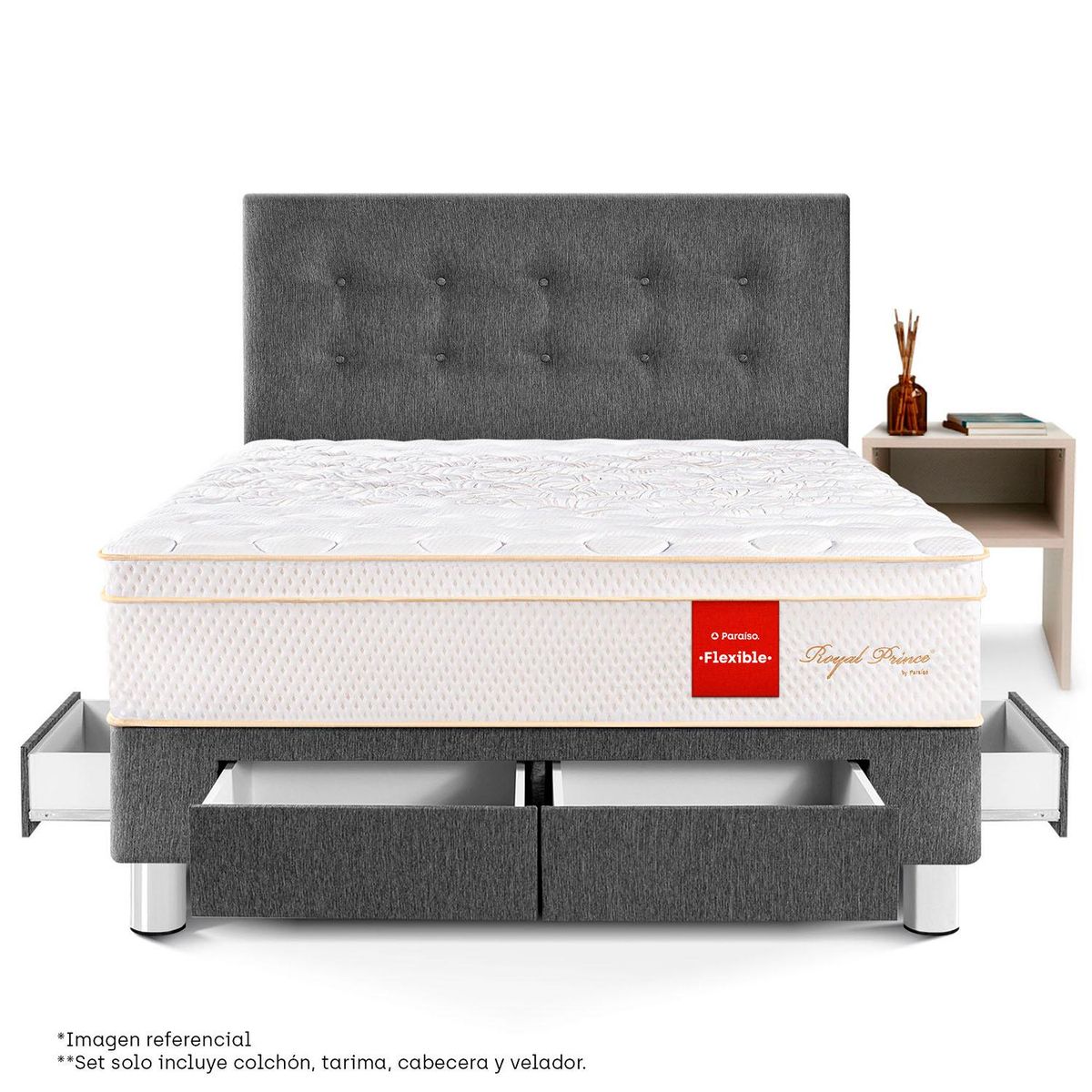 PARAISO - Dormitorio Con Cajones Royal Prince Flex 2 Plz + 1 Velador Repisa + 2 Almohadas Viscoelásticas + Protector