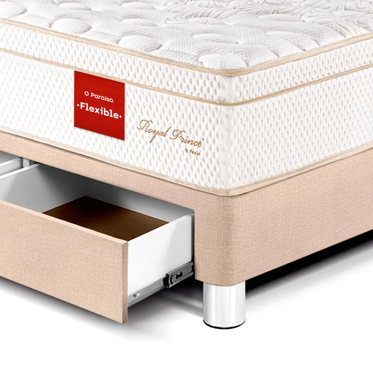 PARAISO - Dormitorio Con Cajones Royal Prince Flex Queen + 2 Veladores Repisa + 2 Almohadas Viscoelásticas