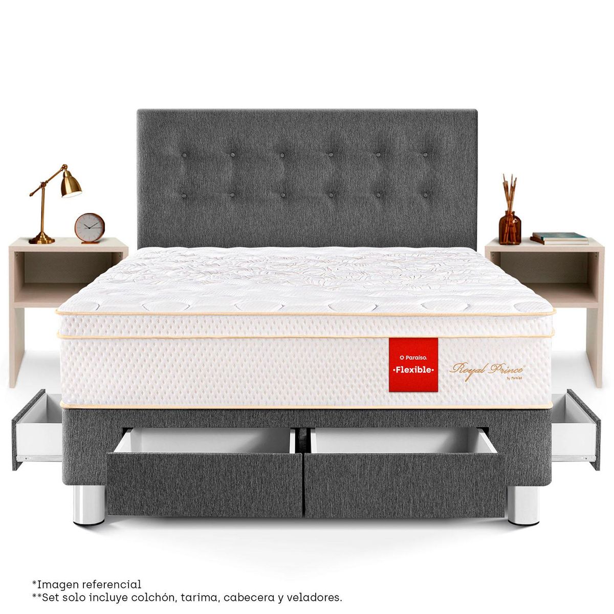 PARAISO - Dormitorio Con Cajones Royal Prince Flex Queen + 2 Veladores Repisa + 2 Almohadas Viscoelásticas + Protector