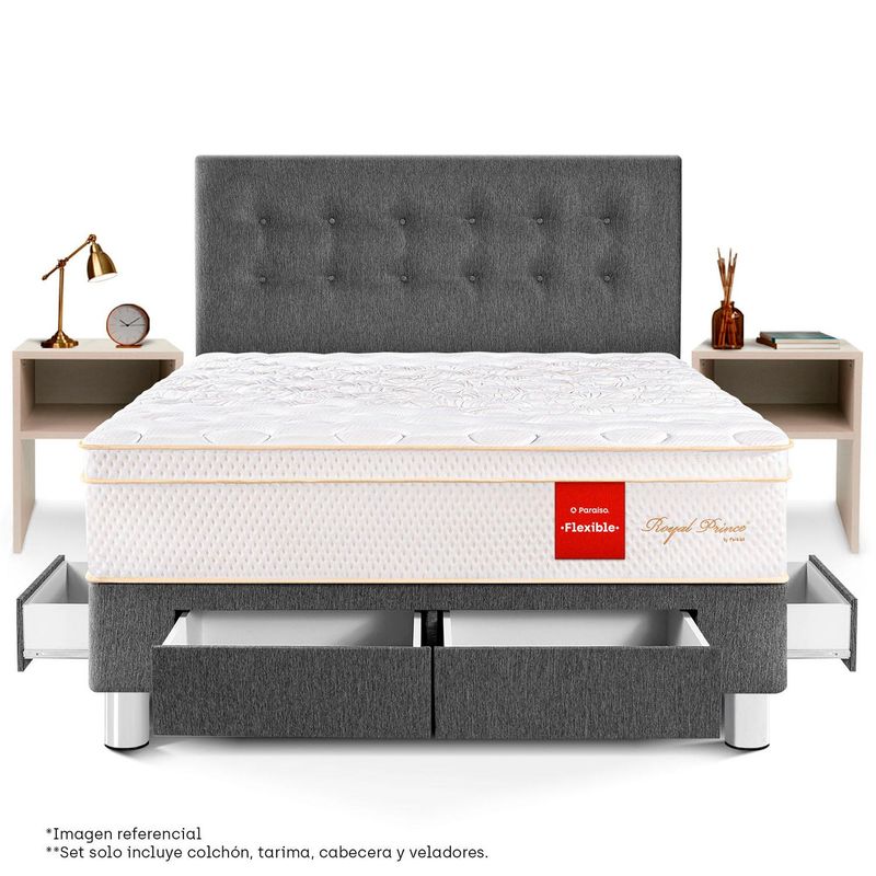 PARAISO - Dormitorio Con Cajones Royal Prince Flex Queen + 2 Veladores Repisa + 2 Almohadas Viscoelásticas + Protector