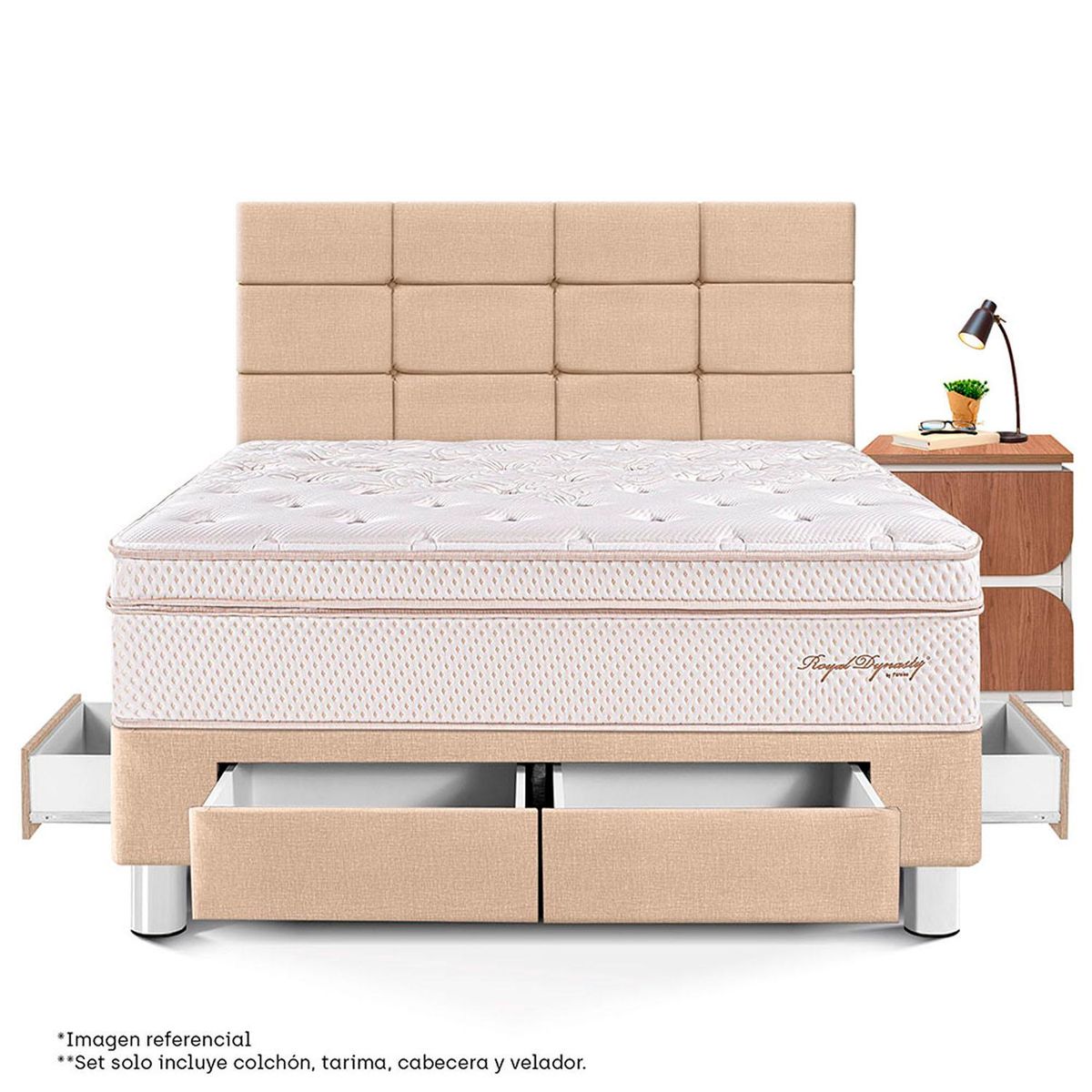 PARAISO - Dormitorio Con Cajones Royal Dynasty Blocks 2 Plz + 1 Velador Moon + 2 Almohadas Viscoelásticas + Protector