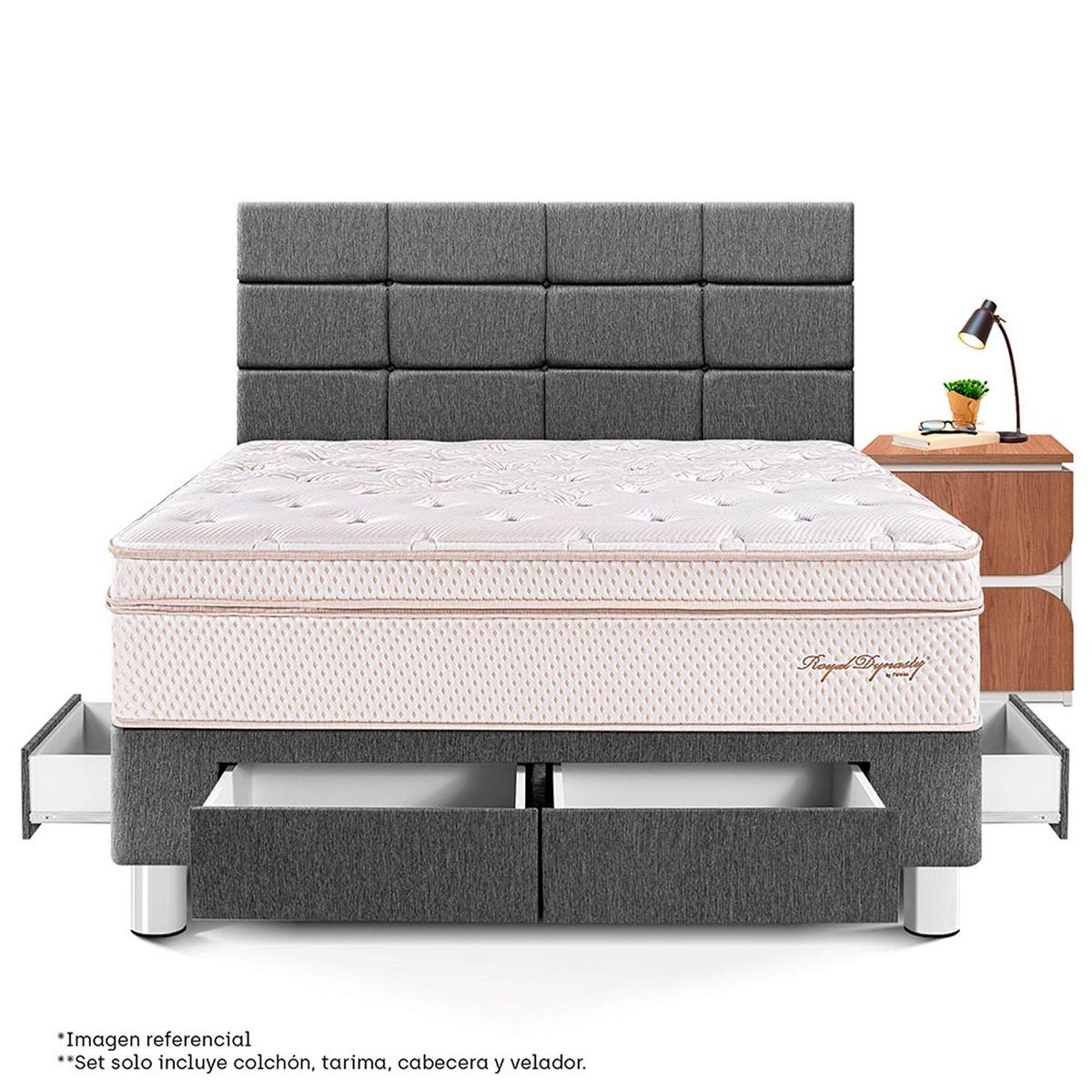 PARAISO - Dormitorio Con Cajones Royal Dynasty Blocks 2 Plz + 1 Velador Moon + 2 Almohadas Viscoelásticas + Protector