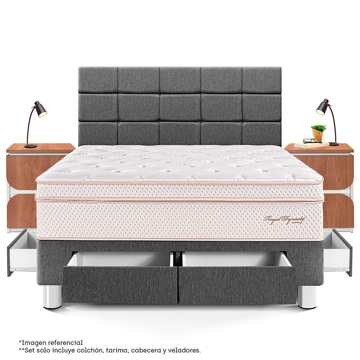 PARAISO - Dormitorio Con Cajones Royal Dynasty Blocks Queen + 2 Veladores Moon + 2 Almohadas Viscoelásticas + Protector