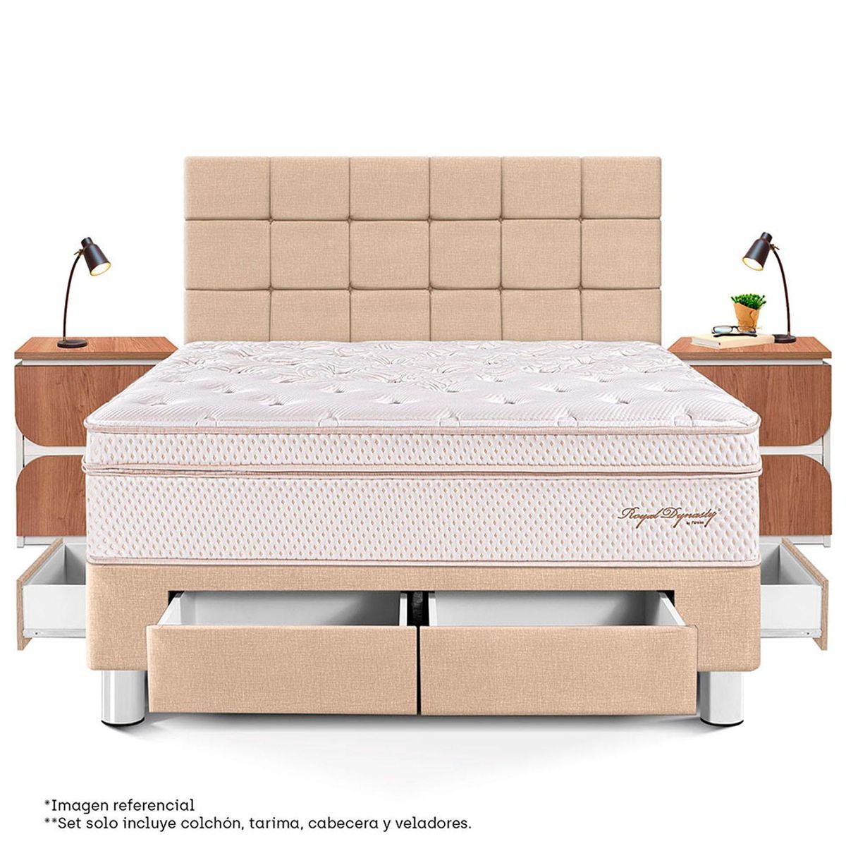 PARAISO - Dormitorio Con Cajones Royal Dynasty Blocks King + 2 Veladores Moon + 2 Almohadas Viscoelásticas + Protector