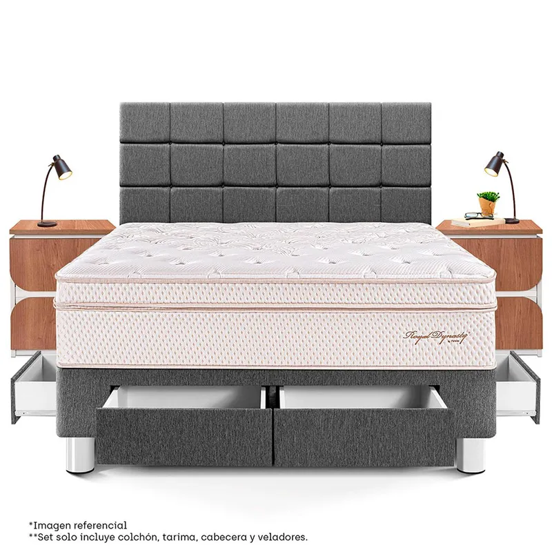 PARAISO - Dormitorio Con Cajones Royal Dynasty Blocks King + 2 Veladores Moon + 2 Almohadas Viscoelásticas + Protector