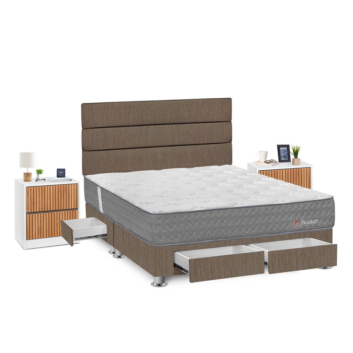 FORLI - Dormitorio Con Cajones Pocket Queen Marrón + 2 Veladores Roma + 2 Almohadas + Protector