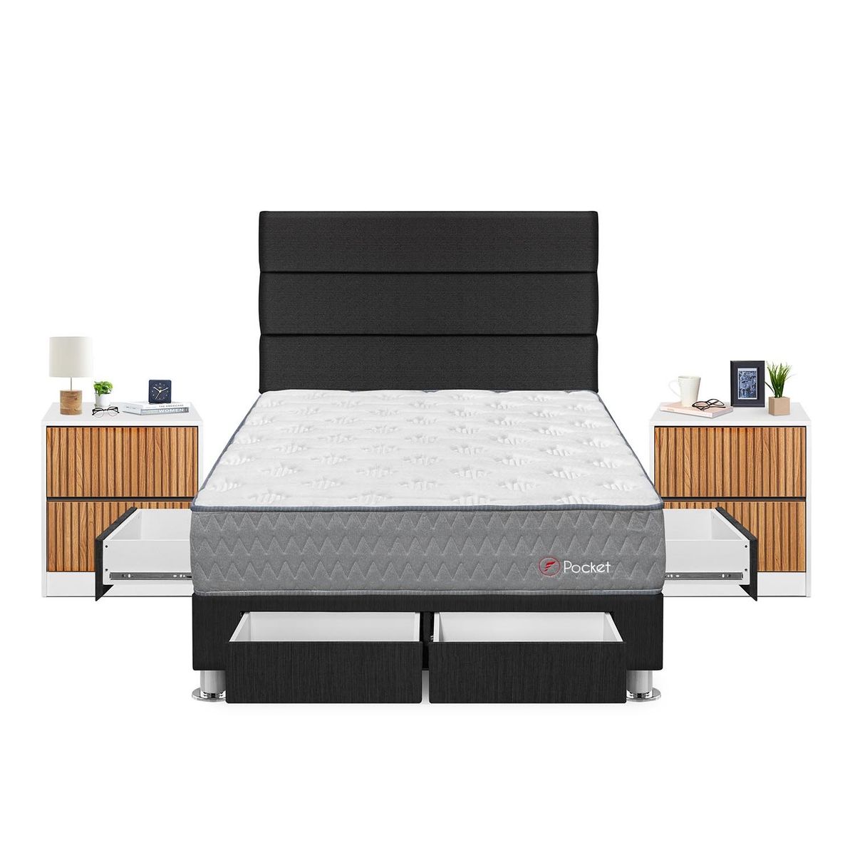 FORLI - Dormitorio Con Cajones Pocket 2 Plz Gris + Velador Roma+ 2 Almohadas + Protector
