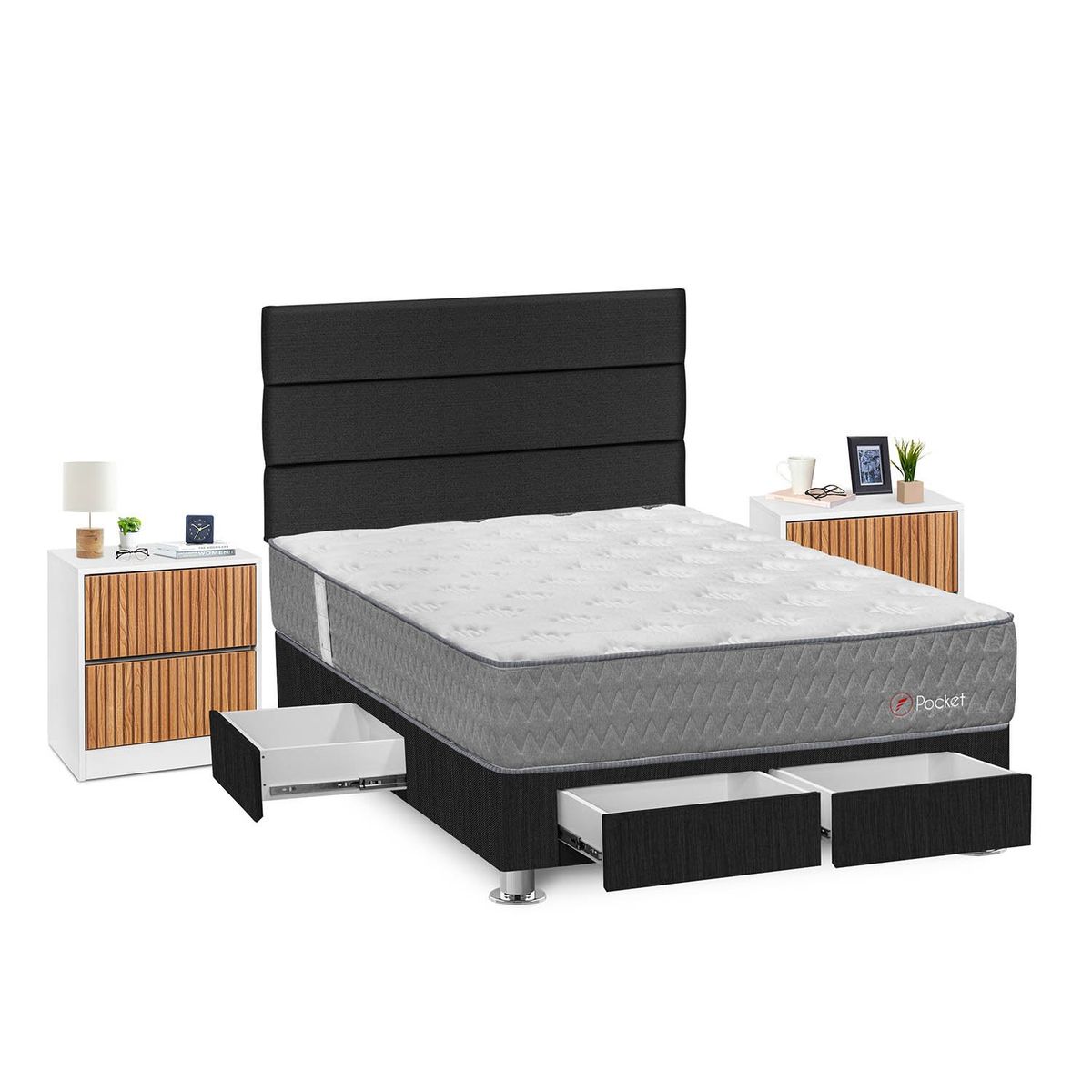 FORLI - Dormitorio Con Cajones Pocket 2 Plz Gris + Velador Roma+ 2 Almohadas + Protector