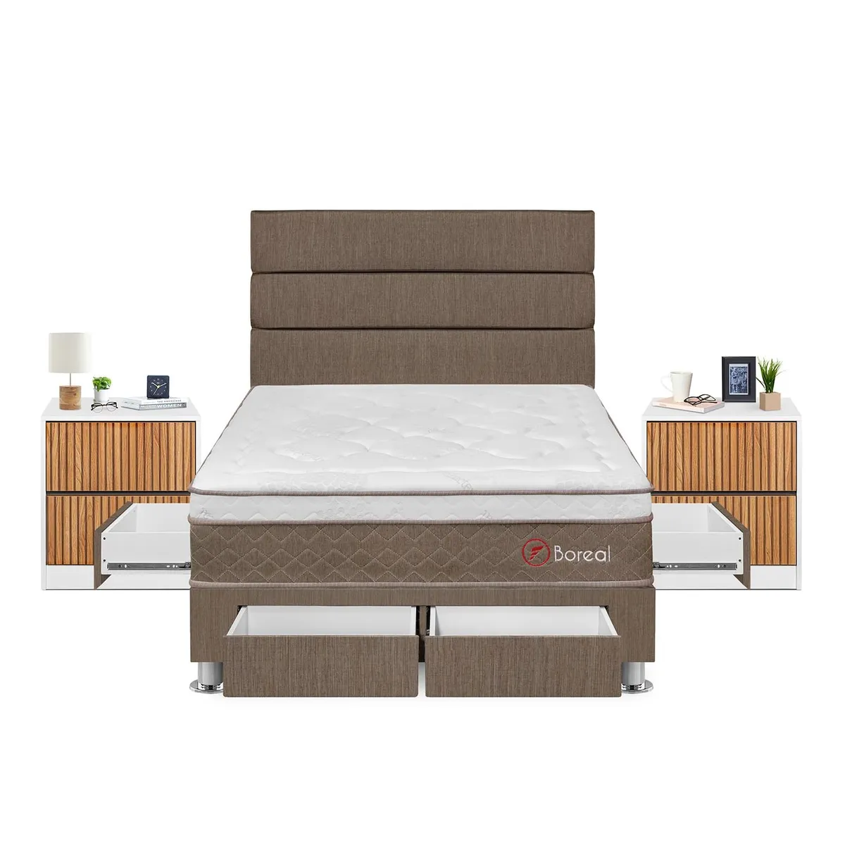 FORLI - Dormitorio Con Cajones Boreal 2 Plz Marrón + 2 Veladores Roma + 2 Almohadas + Protector