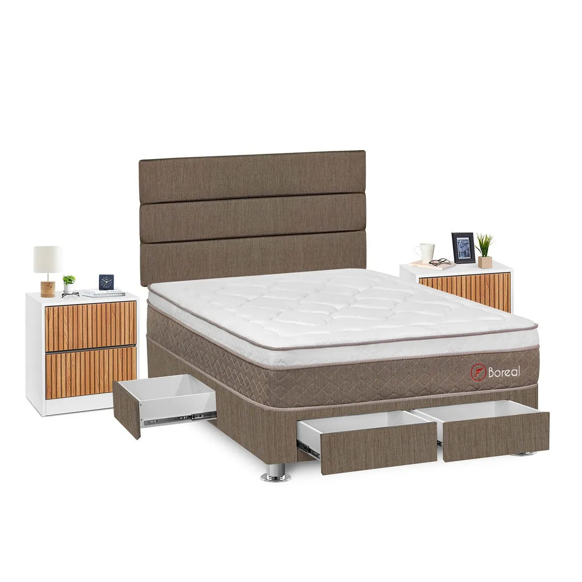 FORLI - Dormitorio Con Cajones Boreal 2 Plz Marrón + 2 Veladores Roma + 2 Almohadas + Protector