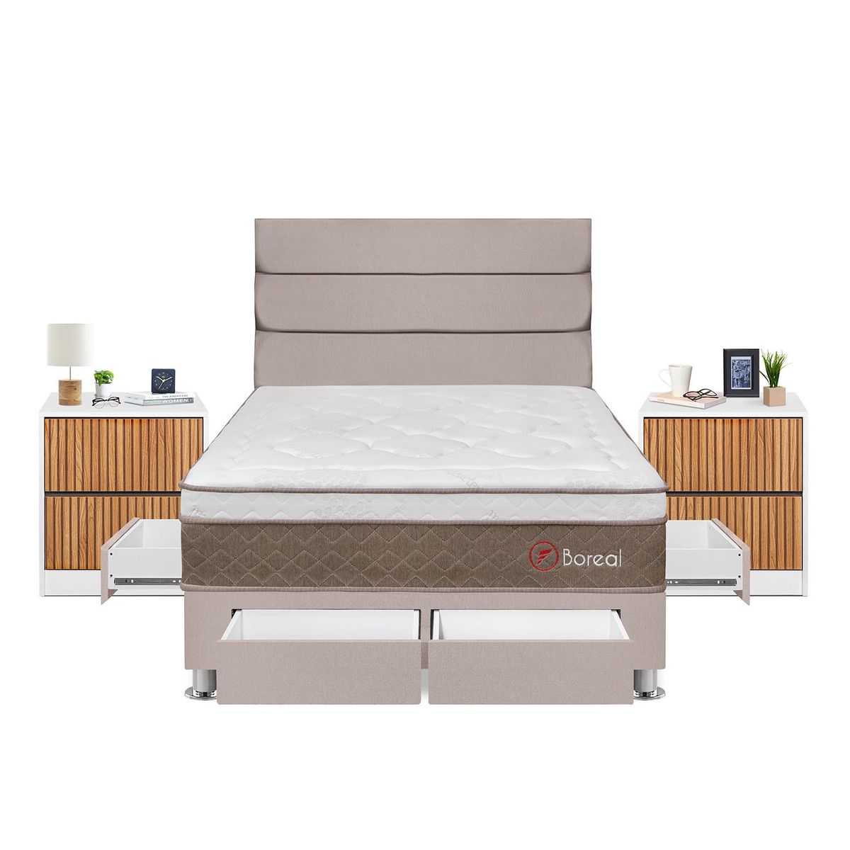 FORLI - Dormitorio Con Cajones Boreal 2 Plz Beige + Velador Roma+ 2 Almohadas + Protector