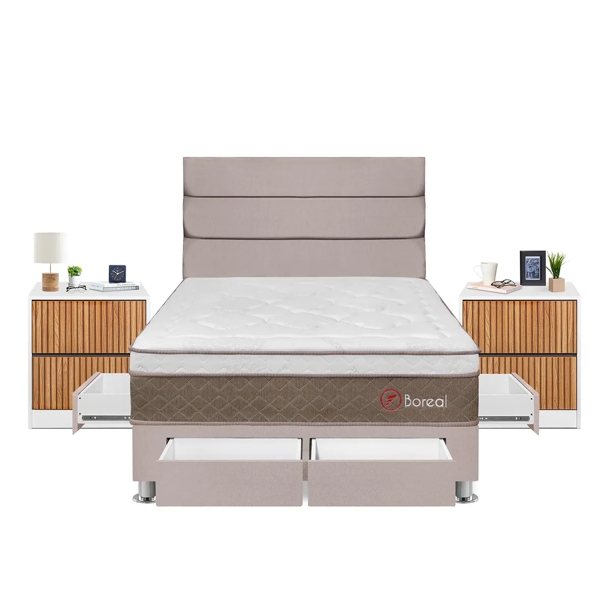 FORLI - Dormitorio Con Cajones Boreal 2 Plz Beige + Velador Roma+ 2 Almohadas + Protector