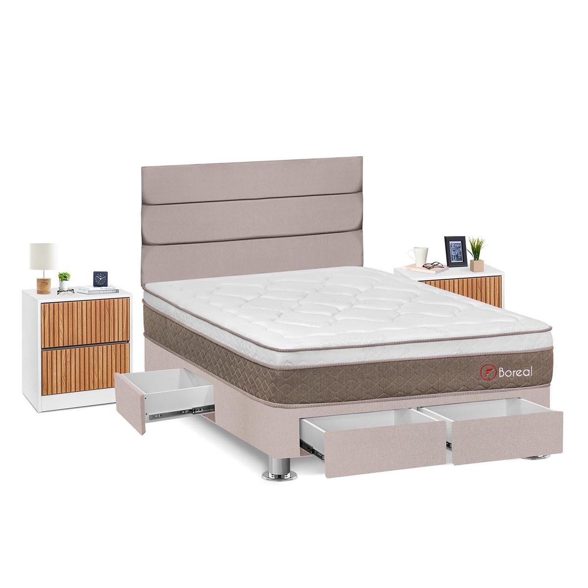 FORLI - Dormitorio Con Cajones Boreal 2 Plz Beige + Velador Roma+ 2 Almohadas + Protector