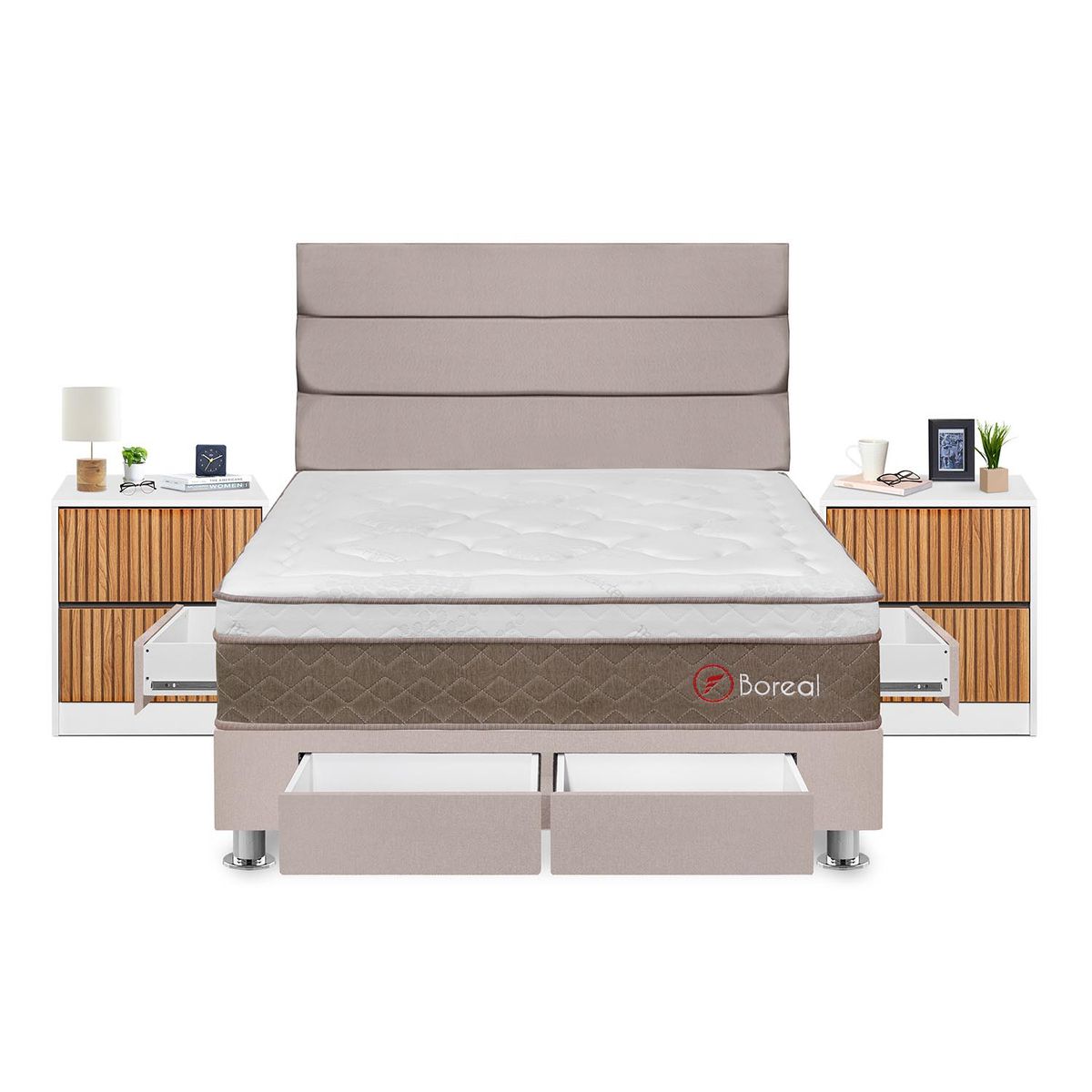 FORLI - Dormitorio Con Cajones Boreal Queen Beige + 2 Veladores Roma + 2 Almohadas + Protector