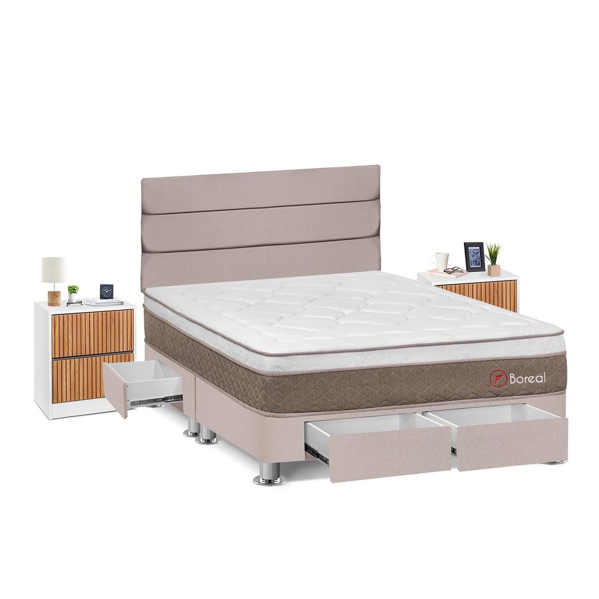 FORLI - Dormitorio Con Cajones Boreal Queen Beige + 2 Veladores Roma + 2 Almohadas + Protector