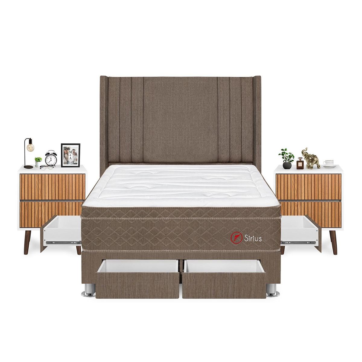 FORLI - Dormitorio Con Cajones Sirius 2plz Marrón + 2 Veladores Milan + 2 Almohadas + Protector