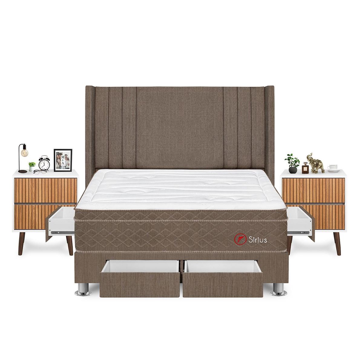 FORLI - Dormitorio Con Cajones Sirius Queen Marrón + Velador Milan+ 2 Almohadas + Protector