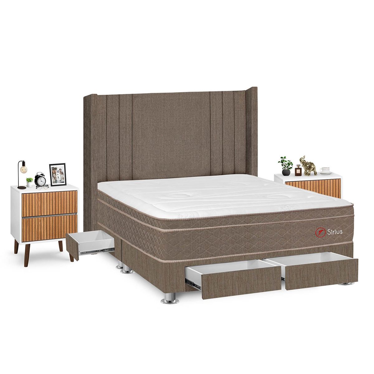 FORLI - Dormitorio Con Cajones Sirius Queen Marrón + Velador Milan+ 2 Almohadas + Protector