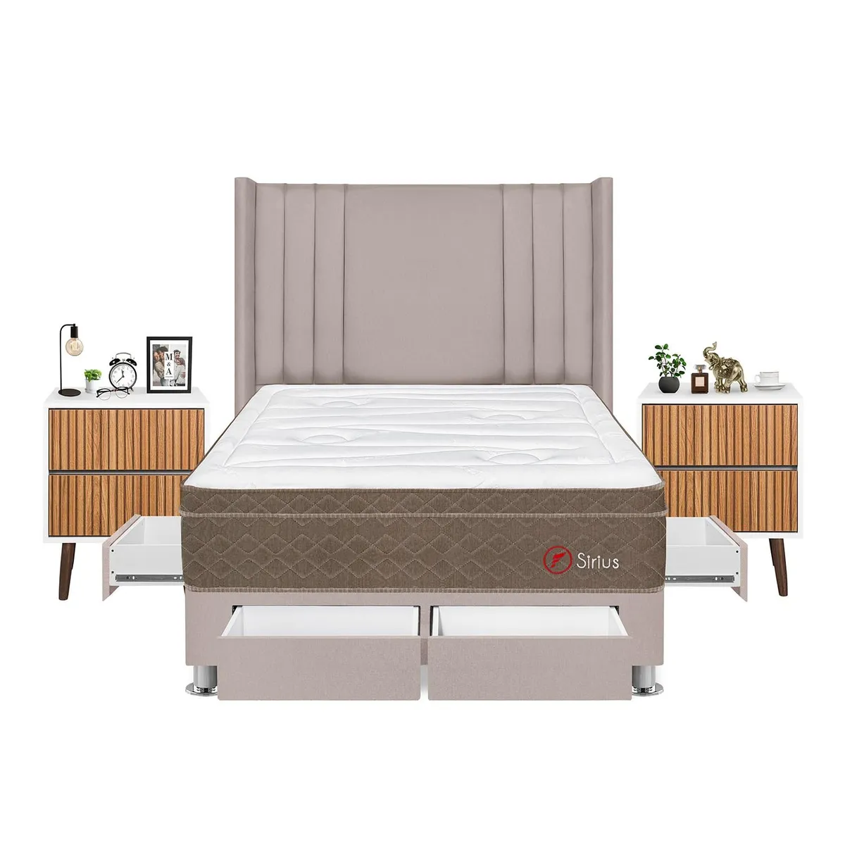 FORLI - Dormitorio Con Cajones Sirius 2plz Beige + 2 Veladores Milan + 2 Almohadas + Protector