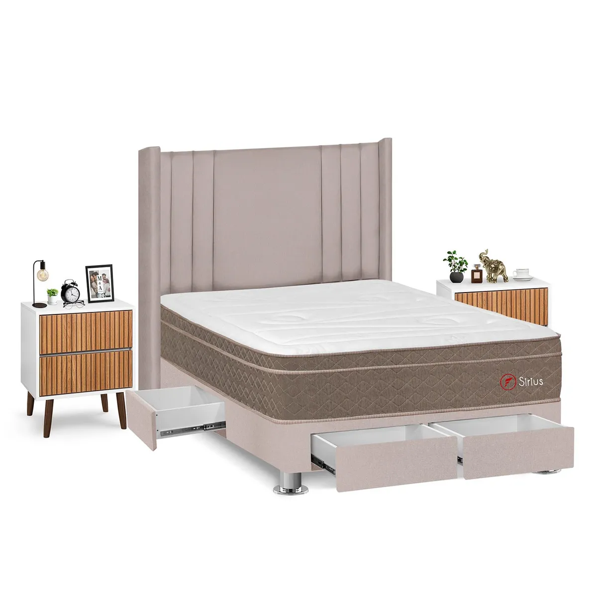 FORLI - Dormitorio Con Cajones Sirius 2plz Beige + 2 Veladores Milan + 2 Almohadas + Protector