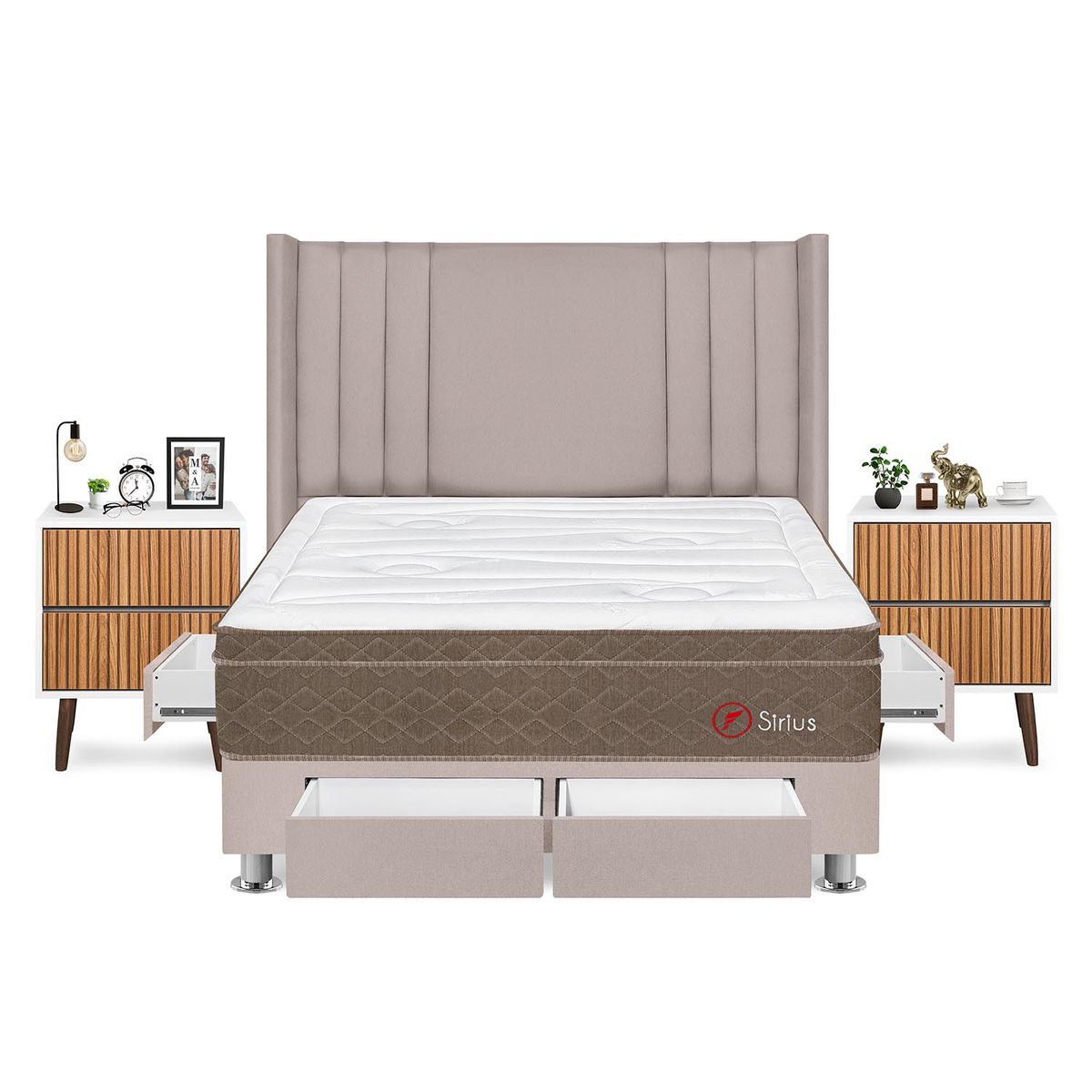 FORLI - Dormitorio Con Cajones Sirius King Beige + 2 Veladores Milan + 2 Almohadas + Protector