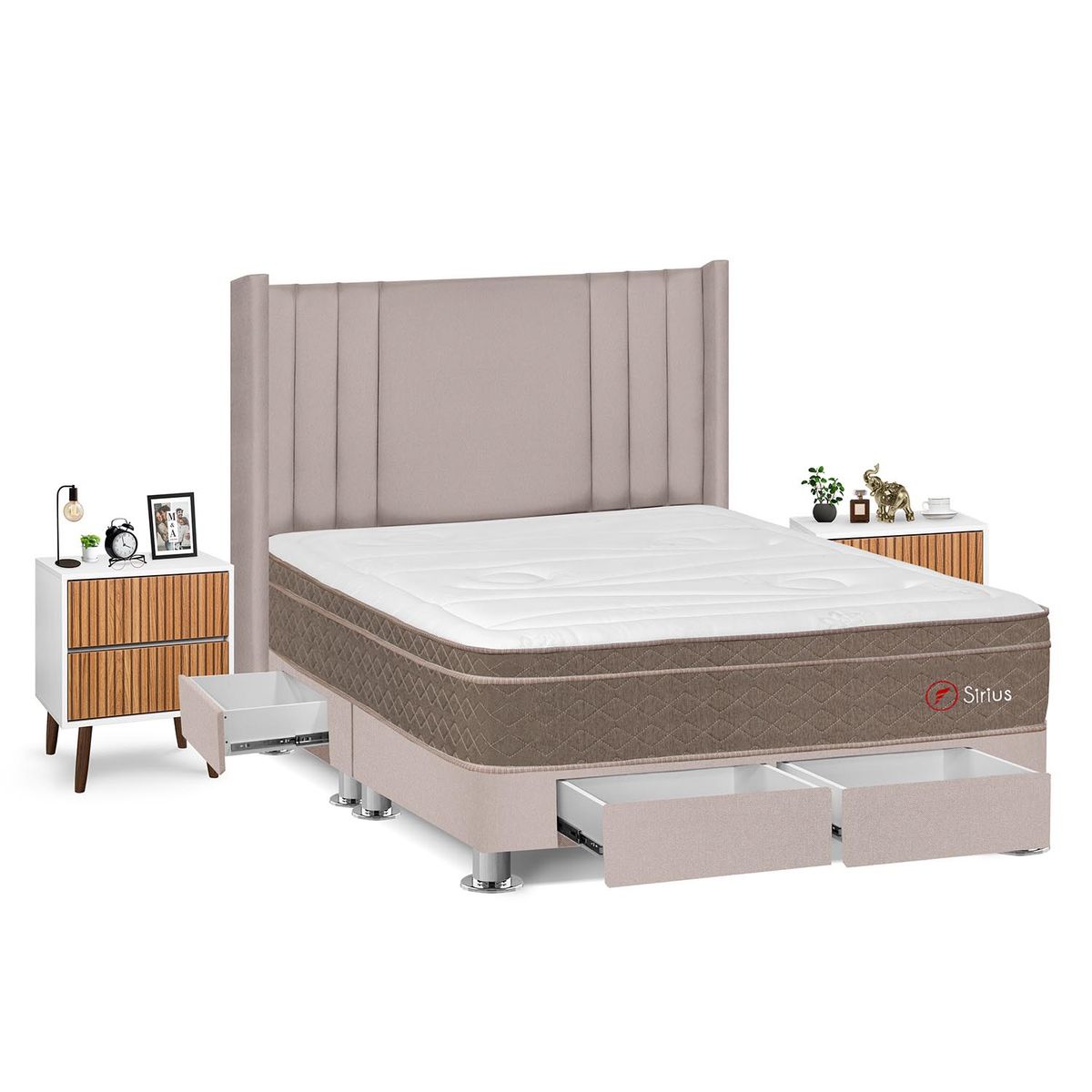 FORLI - Dormitorio Con Cajones Sirius King Beige + 2 Veladores Milan + 2 Almohadas + Protector