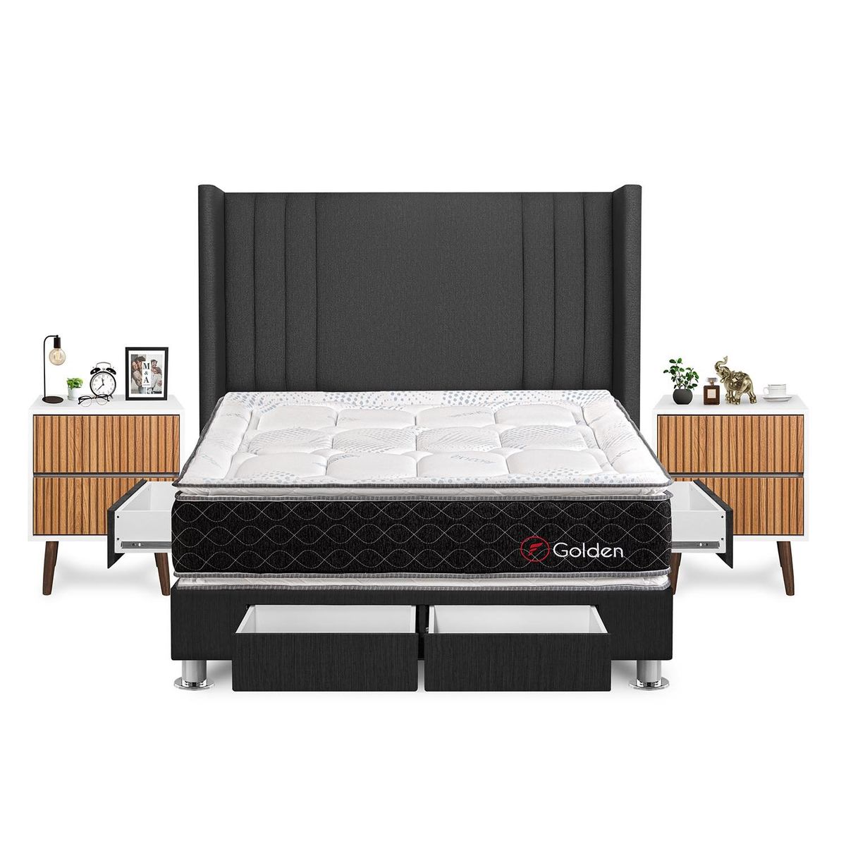 FORLI - Dormitorio Con Cajones Golden King Gris + Velador Milan+ 2 Almohadas + Protector