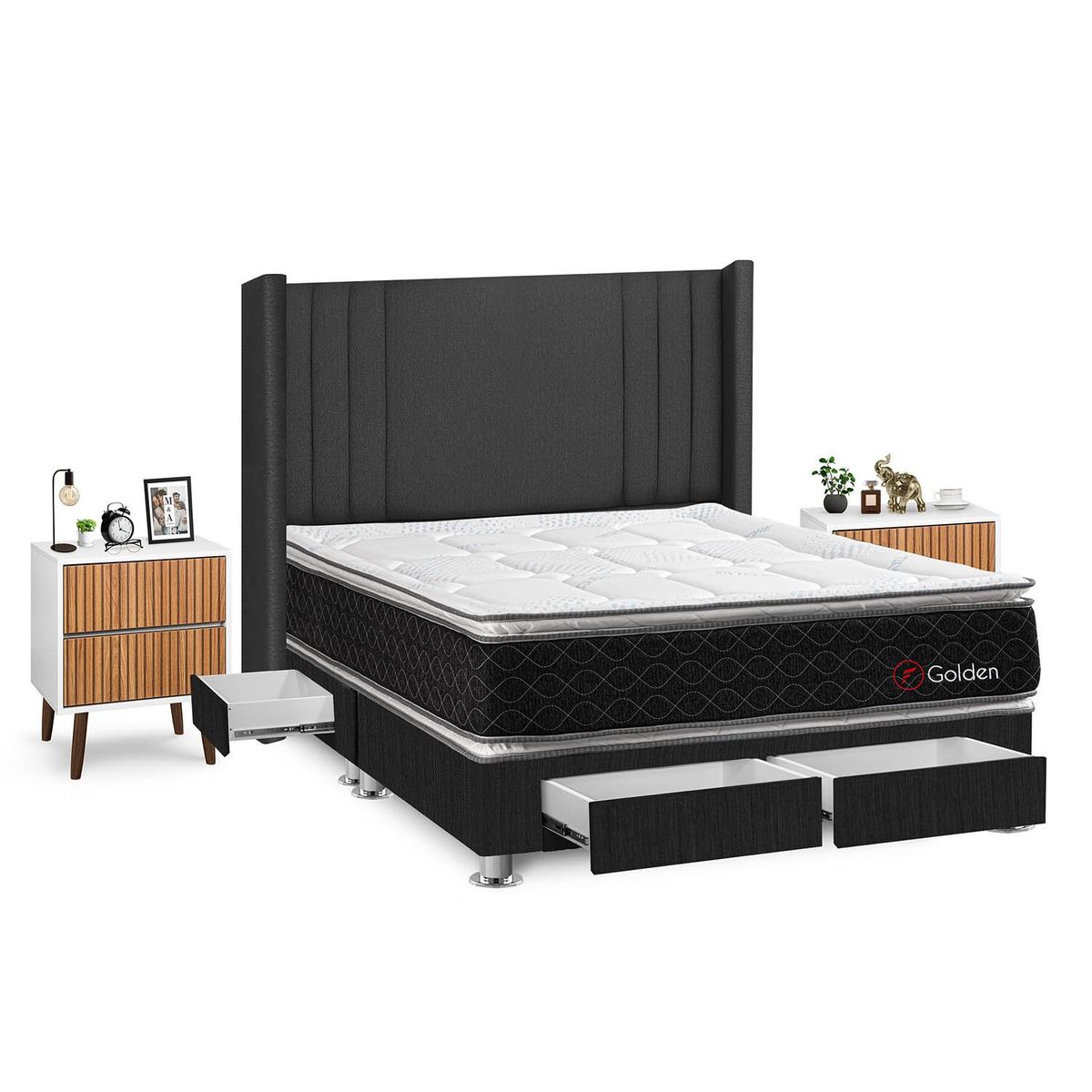 FORLI - Dormitorio Con Cajones Golden King Gris + Velador Milan+ 2 Almohadas + Protector