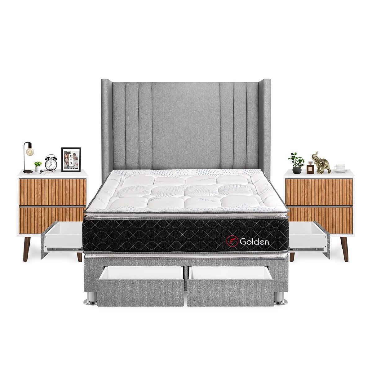FORLI - Dormitorio Con Cajones Golden 2plz Plata + Velador Milan+ 2 Almohadas + Protector