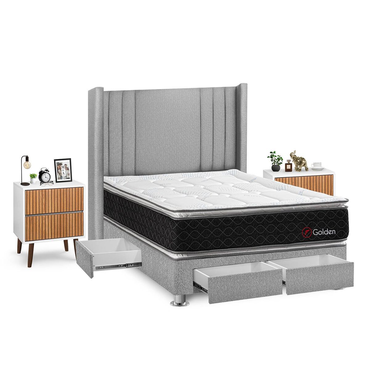 FORLI - Dormitorio Con Cajones Golden 2plz Plata + Velador Milan+ 2 Almohadas + Protector
