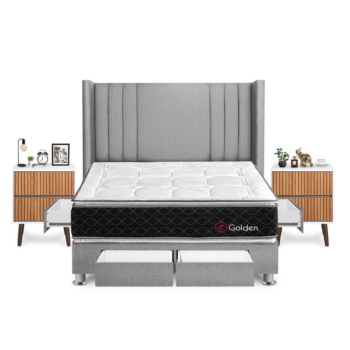 FORLI - Dormitorio Con Cajones Golden Queen Plata + Velador Milan+ 2 Almohadas + Protector