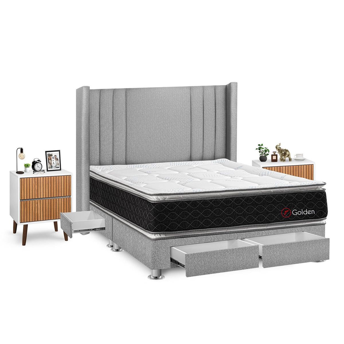 FORLI - Dormitorio Con Cajones Golden King Plata + 2 Veladores Milan + 2 Almohadas + Protector