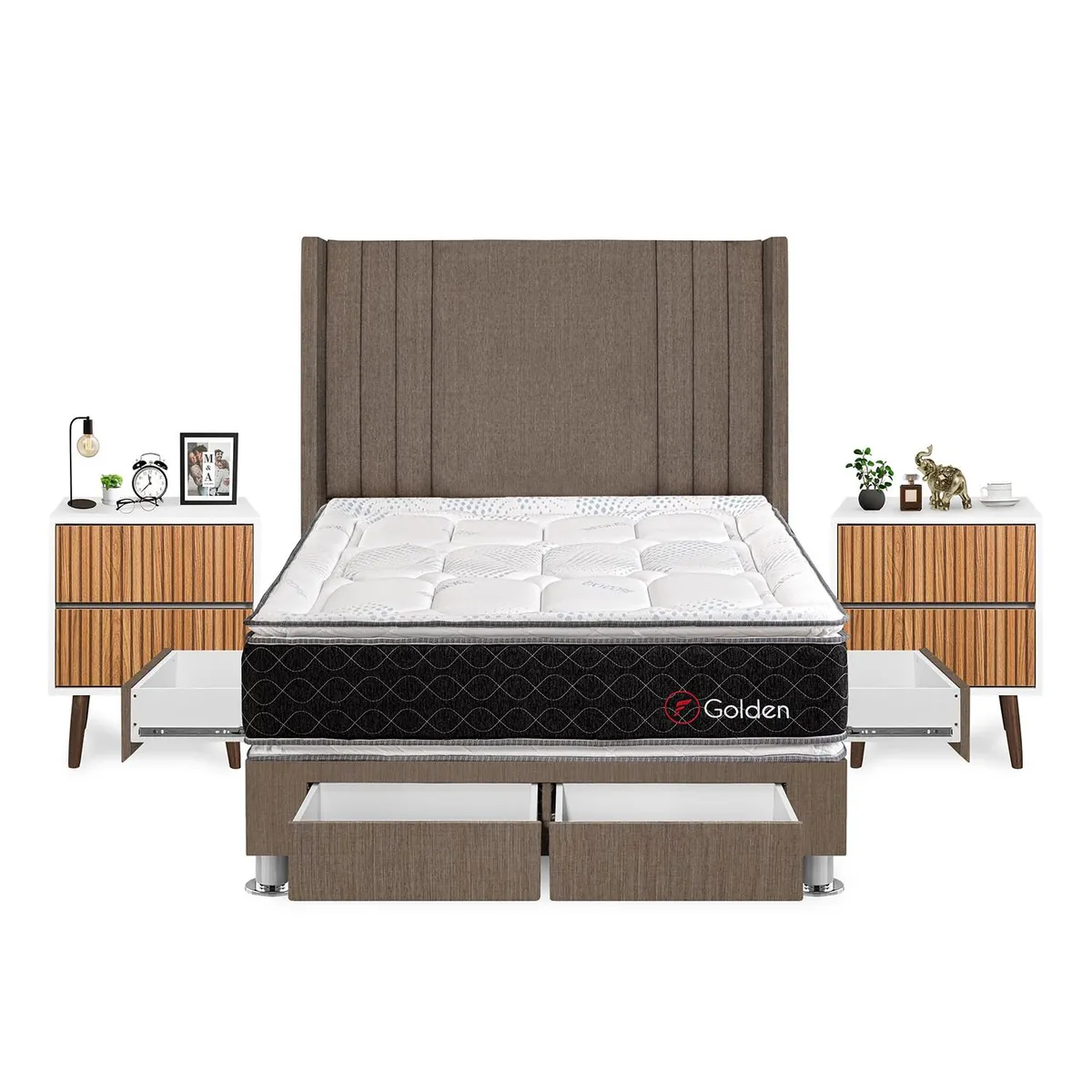 FORLI - Dormitorio Con Cajones Golden 2plz Marrón+ Velador Milan+ 2 Almohadas + Protector
