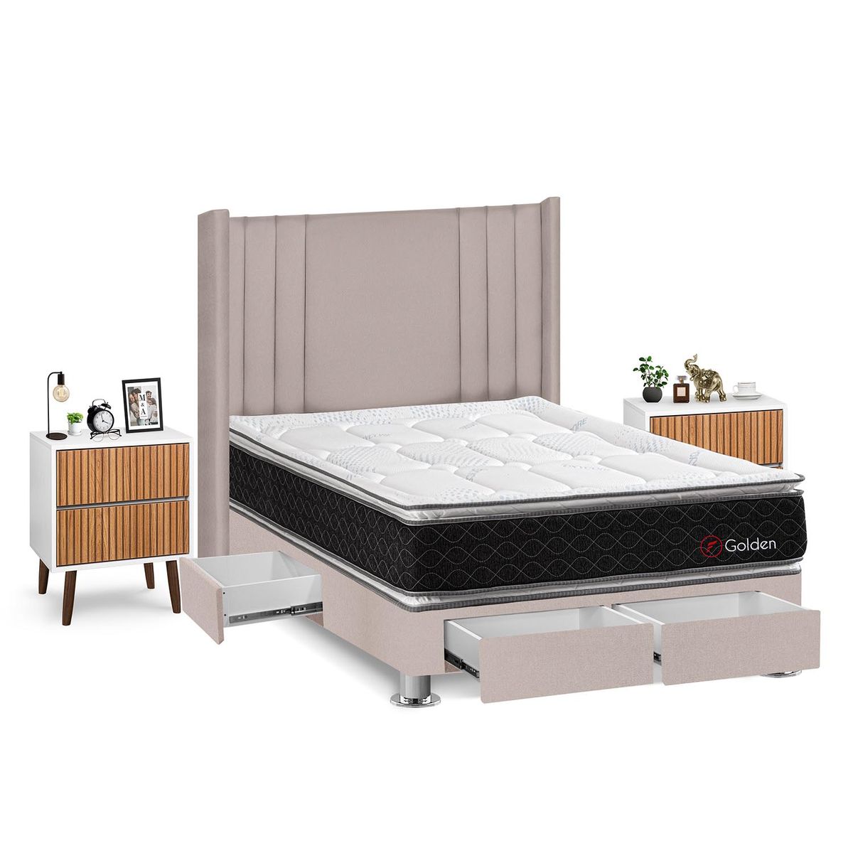 FORLI - Dormitorio Con Cajones Golden 2plz Beige + Velador Milan+ 2 Almohadas + Protector