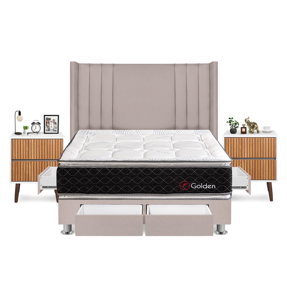 FORLI - Dormitorio Con Cajones Golden Queen Beige + 2 Veladores Milan + 2 Almohadas + Protector