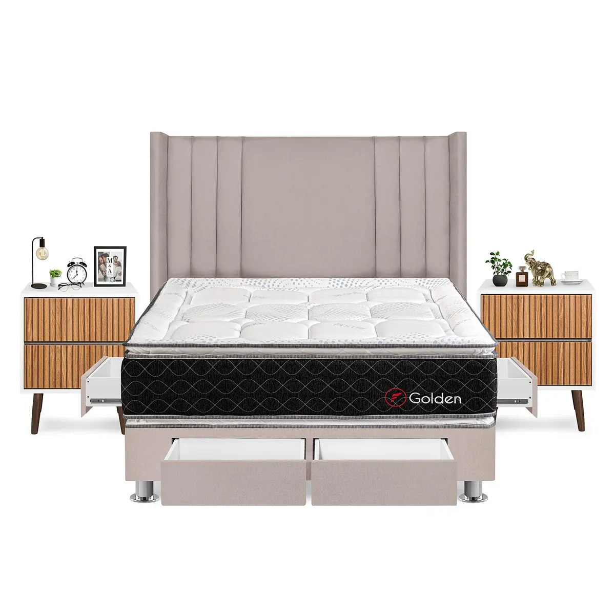 FORLI - Dormitorio Con Cajones Golden King Beige + 2 Veladores Milan+ 2 Almohadas + Protector