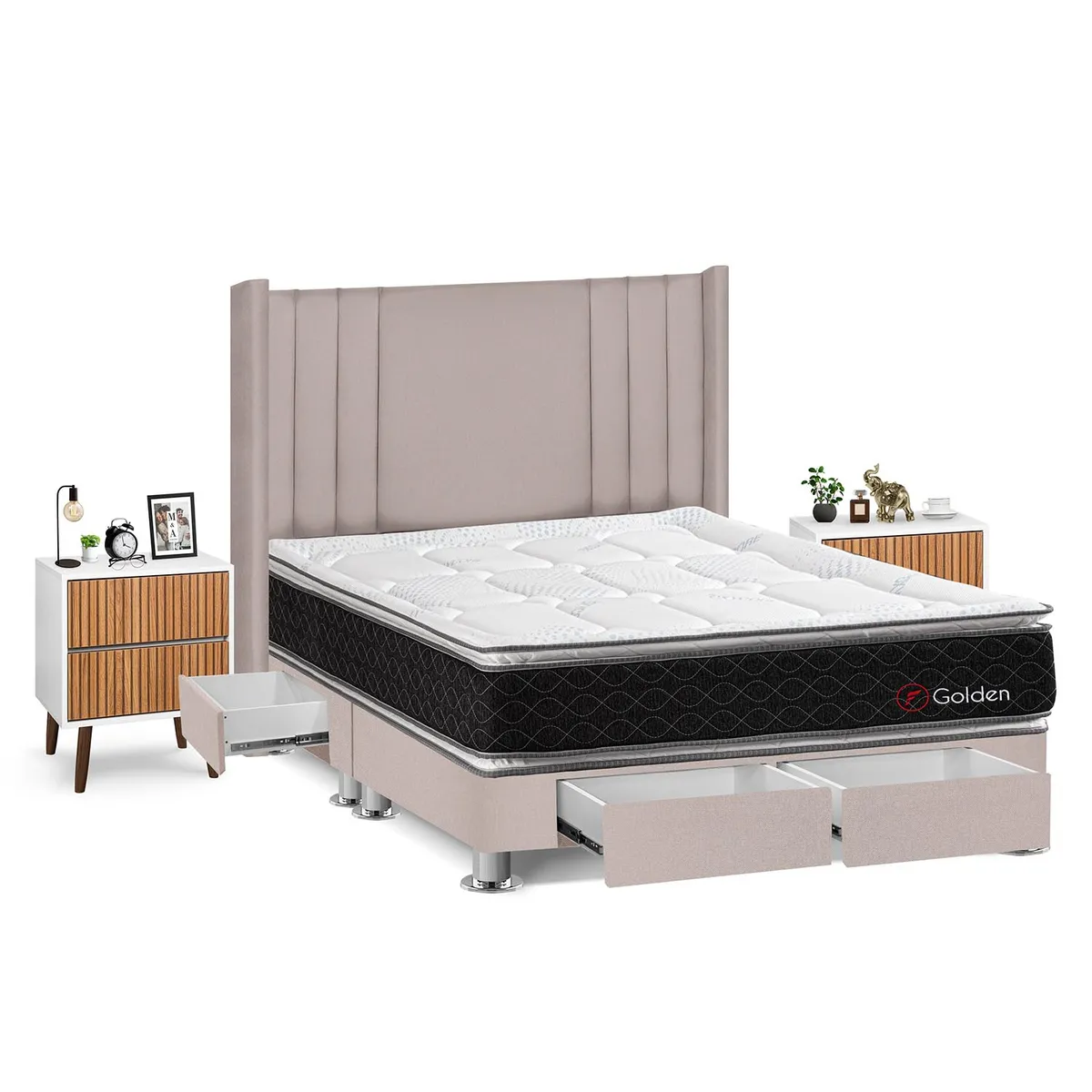 FORLI - Dormitorio Con Cajones Golden King Beige + 2 Veladores Milan+ 2 Almohadas + Protector