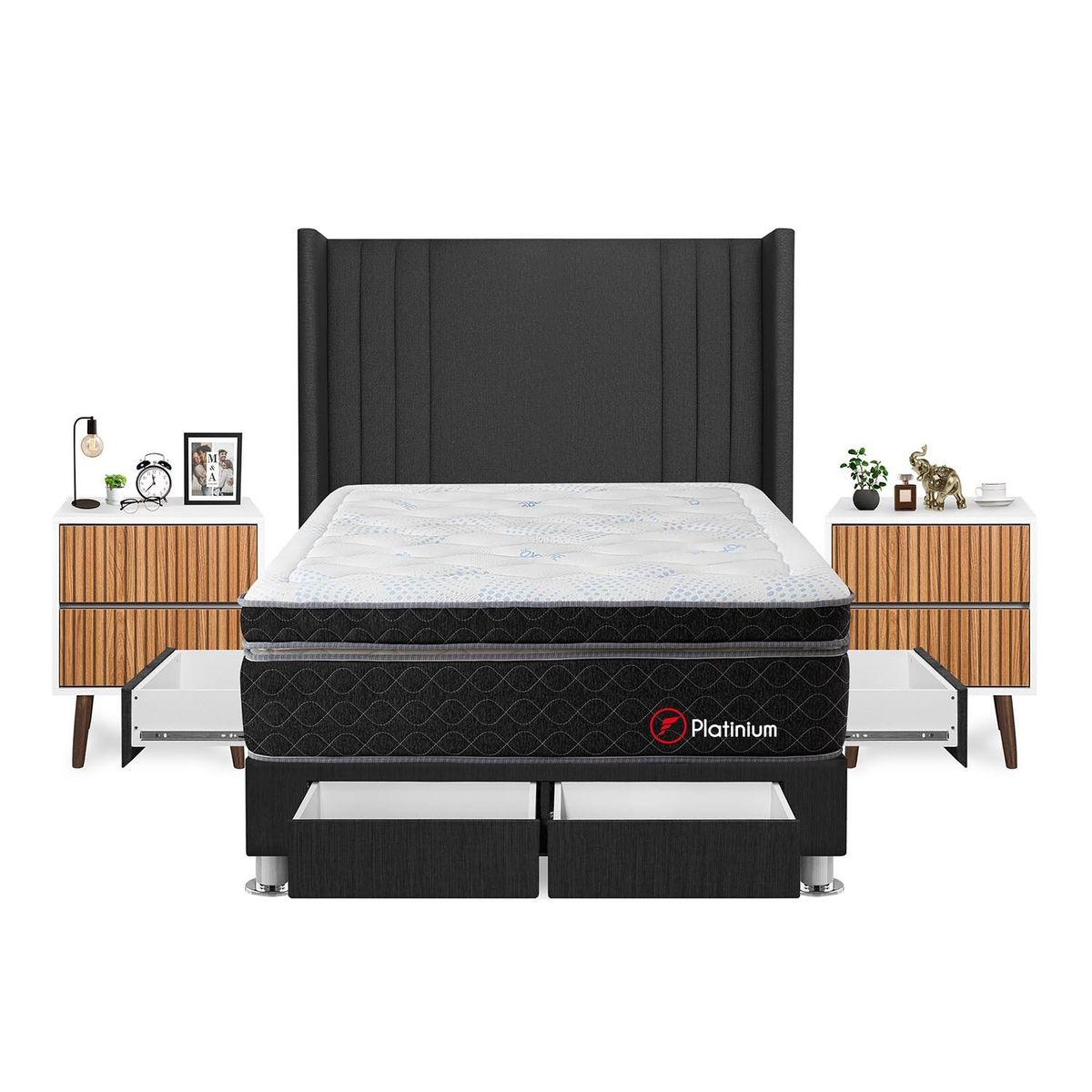 FORLI - Dormitorio Con Cajones Platinium 2plz Gris + 2 Veladores Milan + 2 Almohadas + Protector