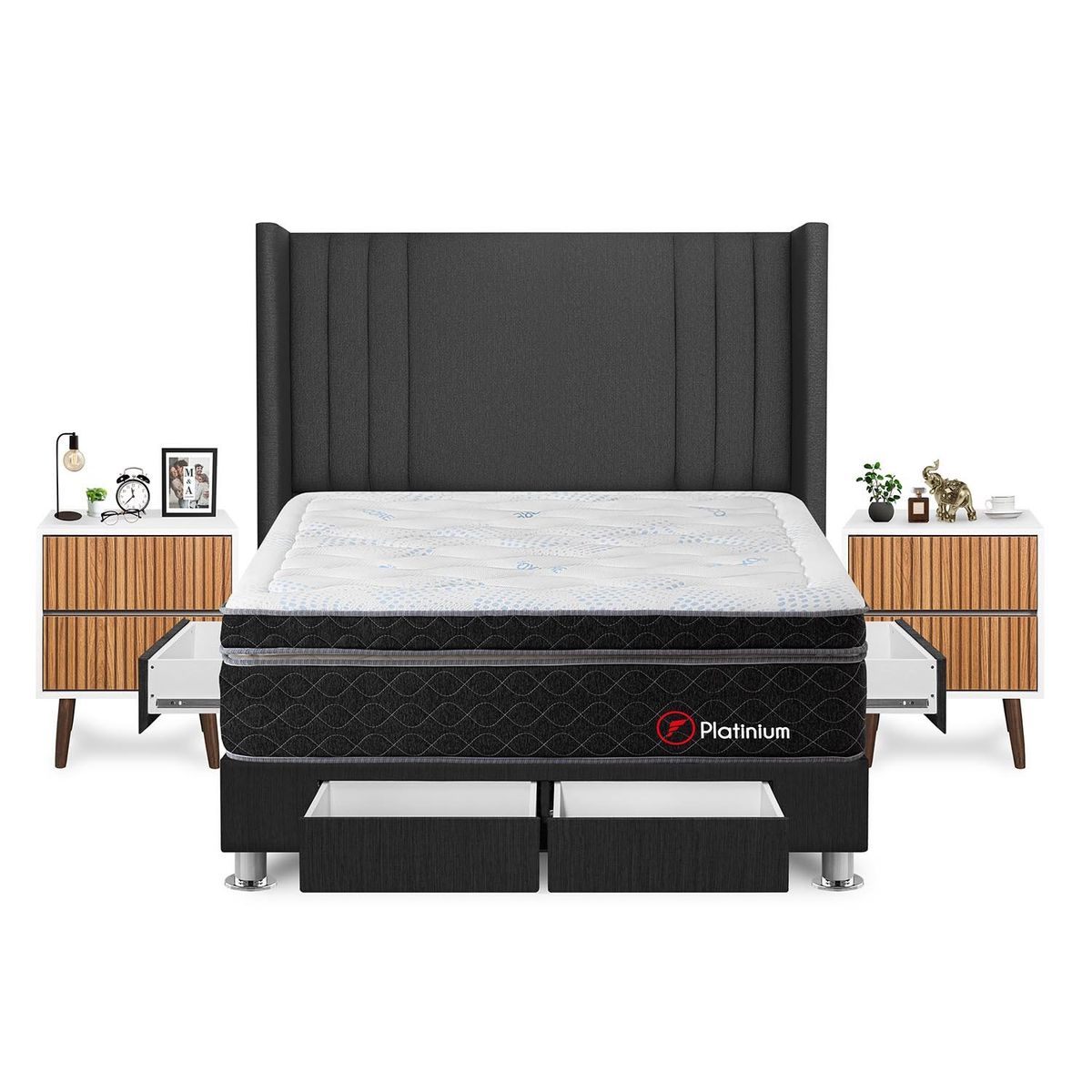 FORLI - Dormitorio Con Cajones Platinium King Gris + 2 Veladores Milan + 2 Almohadas + Protector