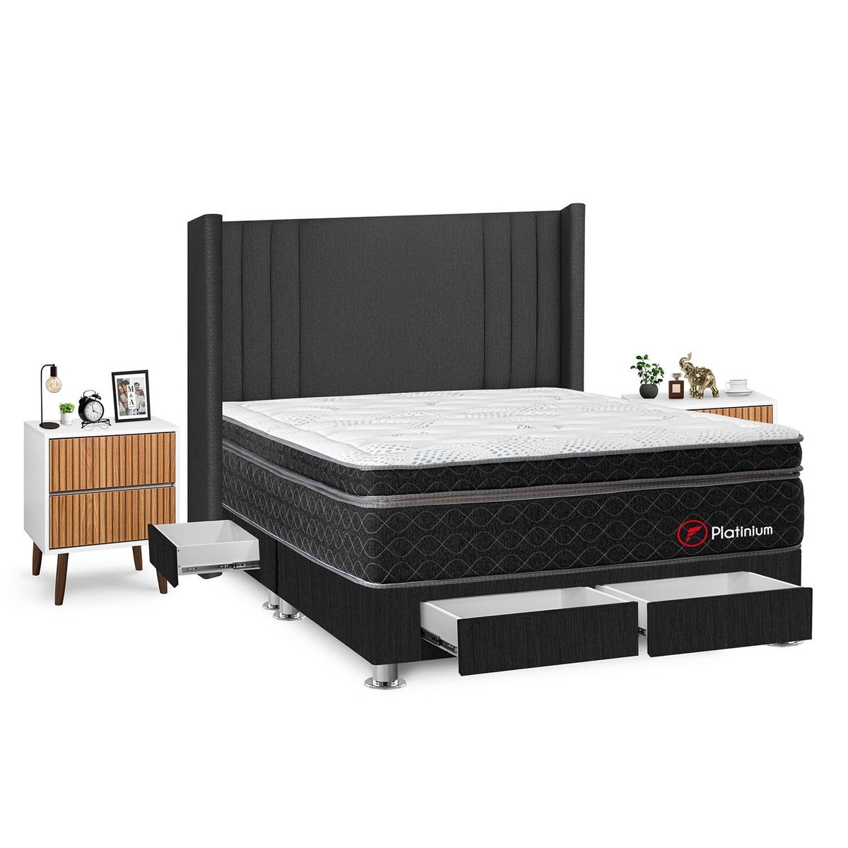 FORLI - Dormitorio Con Cajones Platinium King Gris + 2 Veladores Milan + 2 Almohadas + Protector