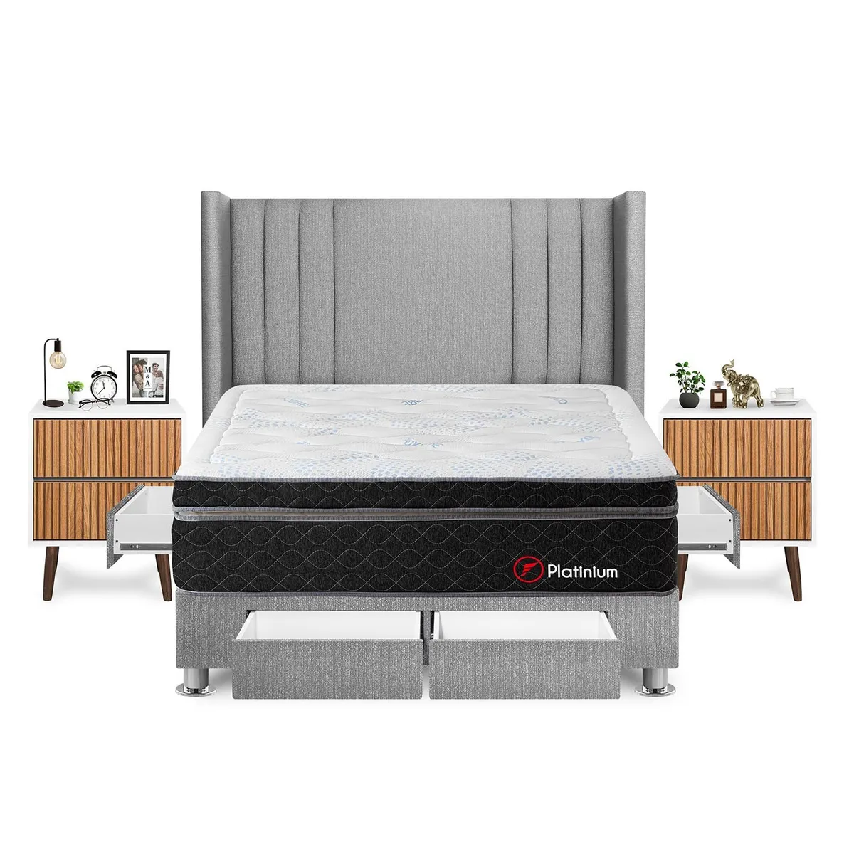 FORLI - Dormitorio Con Cajones Platinium Queen Plata + 2 Veladores Milan + 2 Almohadas + Protector